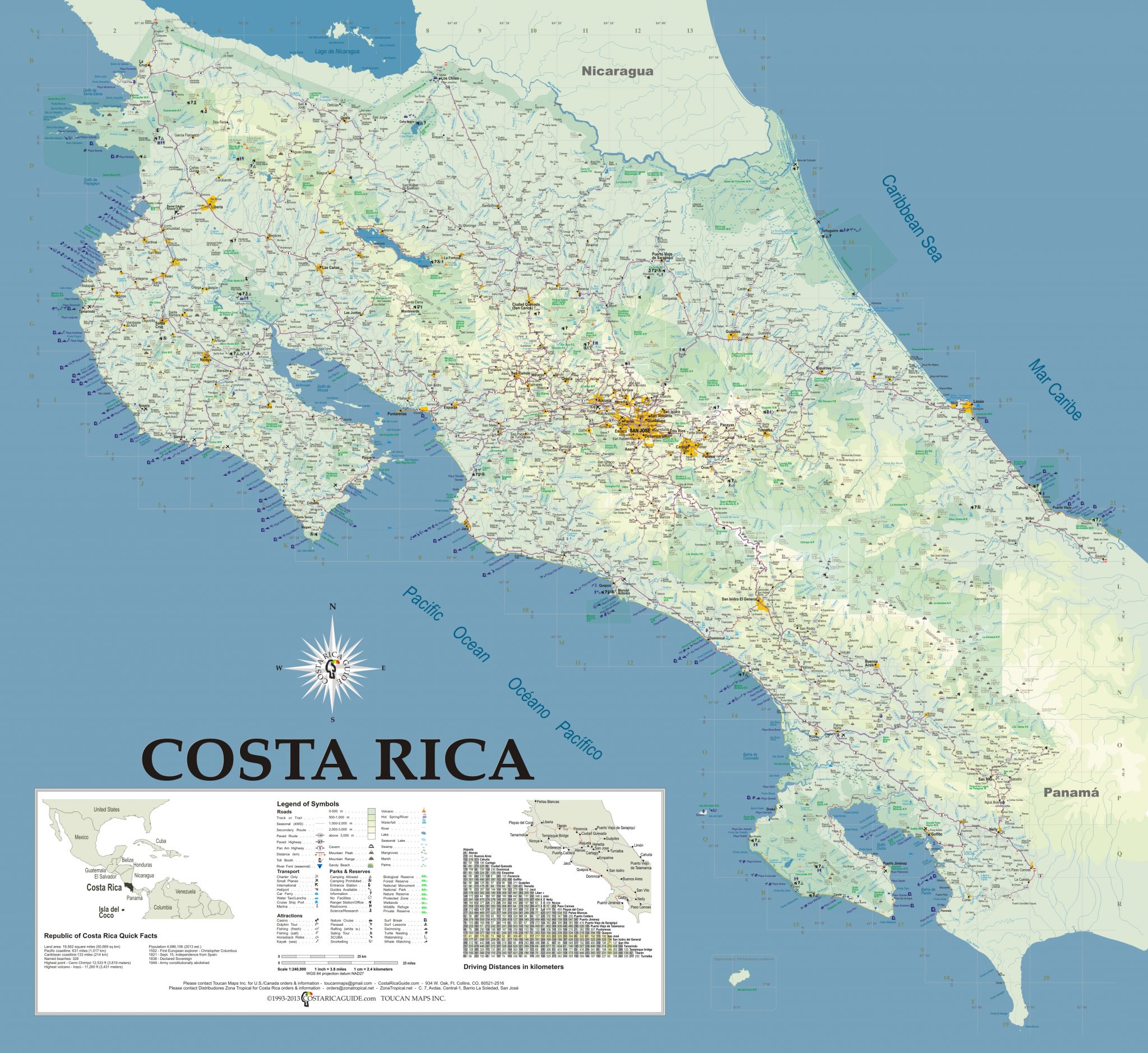 Wall Map of Costa Rica - 27.5 square feet (66 inches wide by 60 inches high). 18 pt vinyl using a state of the art ecoFRIENDLY wide format printer with a unique six color process utilizing water-based latex inks that are non-flammable, meet GREENGUARD criteria and do not produce hazardous air pollutants or waste. The brilliant full color prints are nearly tear proof, water resistant, fade resistant, and suitable for framing. The map itself relies on the same gps data used to create and update the Waterproof Travel Roadmap of Costa Rica.